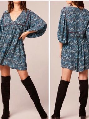 Blue Floral V-Neck Mini Dress with Balloon Sleeves